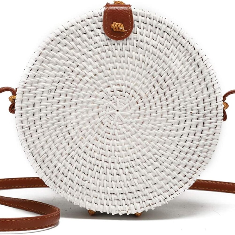 White Round Woven Wicker Crossbody Bag